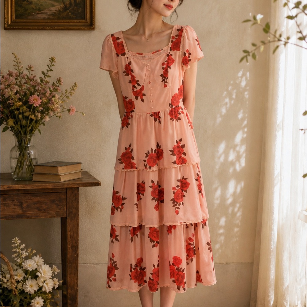 NWT Ivy City Floral Tiered Roses Are Red Dress
